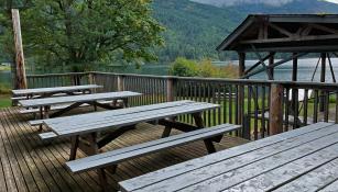 Picnic tables on the lodge deck